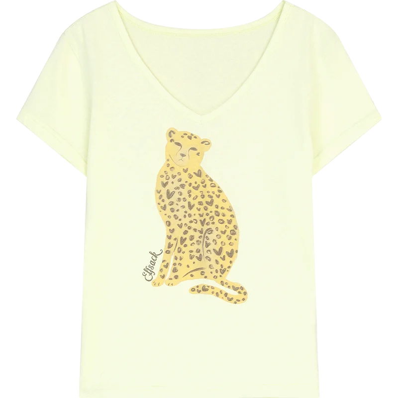 Women's Chic T‑Shirt with Cheetah Graphic Print, V‑Neck Short Sleeve Slim Fit Tee for Summer, Fashion Daily Wear Top