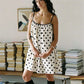 Women's Mini Cami Dress Stylish Sleeveless Spaghetti Strap Dress White with Black Circles Print Summer Beach Sun Dress