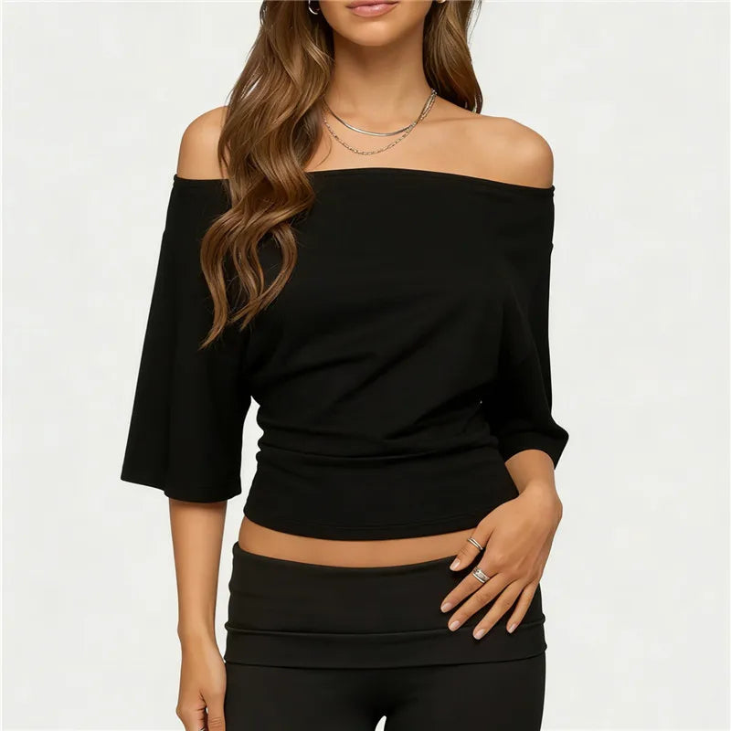Women's Off Shoulder Striped Solid Mid Sleeve Top Loose Fit Cropped Blouse Casual Y2K Streetwear Summer Vacation Party