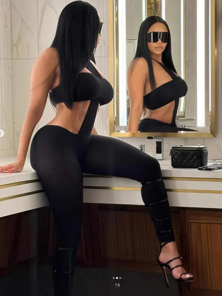 Sexy Backless 2 Piece Set Women Stretch Tube Top+Skinny Halter Jumpsuit Fitness Street Matching Party Club Overalls