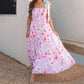 Boho Women's Summer Tie Shoulder Dress Vintage Floral Print Sleeveless Shirred Backless Long Flowy Dress with Pockets