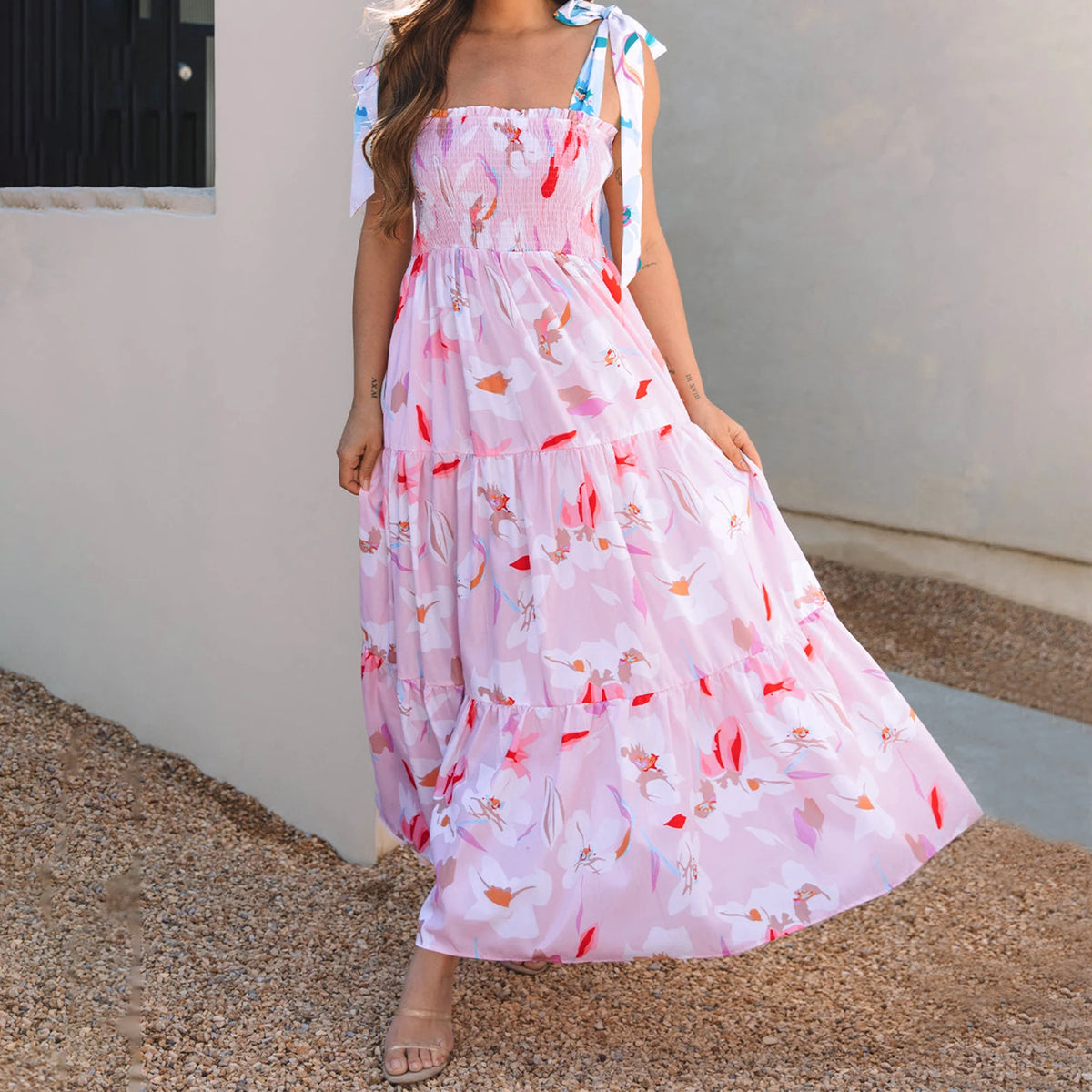 Boho Women's Summer Tie Shoulder Dress Vintage Floral Print Sleeveless Shirred Backless Long Flowy Dress with Pockets