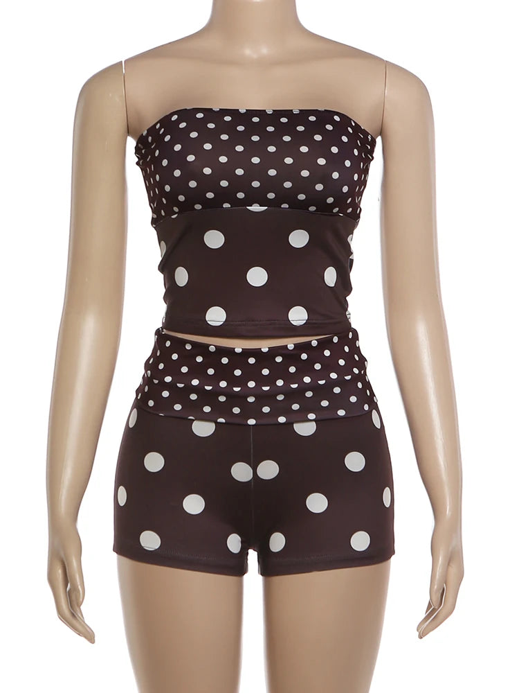 Sexy Polka Dot Patchwork 2 Piece Set Woman Sexy Wrap Chest Backless Tank Tops+Bike Shorts Midnight Party Fashion Suit