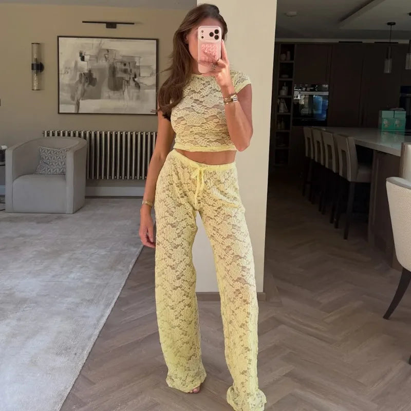 Two Piece Set Yellow Sheer Lace Co-Ord Cropped Top and Wide Leg Pants Summer Vacation Outfits Women 2026