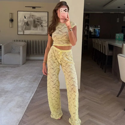 Two Piece Set Yellow Sheer Lace Co-Ord Cropped Top and Wide Leg Pants Summer Vacation Outfits Women 2026
