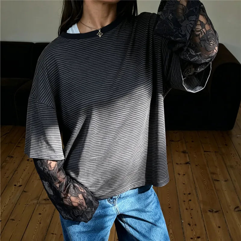 Women Fake Two Piece Striped T Shirt Oversized Short Sleeve Top Sheer Floral Lace Flare Long Sleeve Underlayer Loose Tee