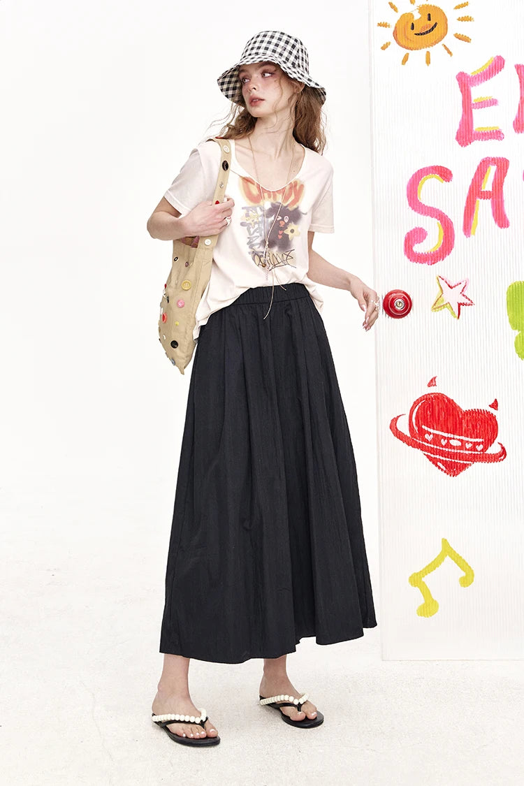 Elastic Waist Pleated Side Pocket Wide Leg Cropped Pants for Women