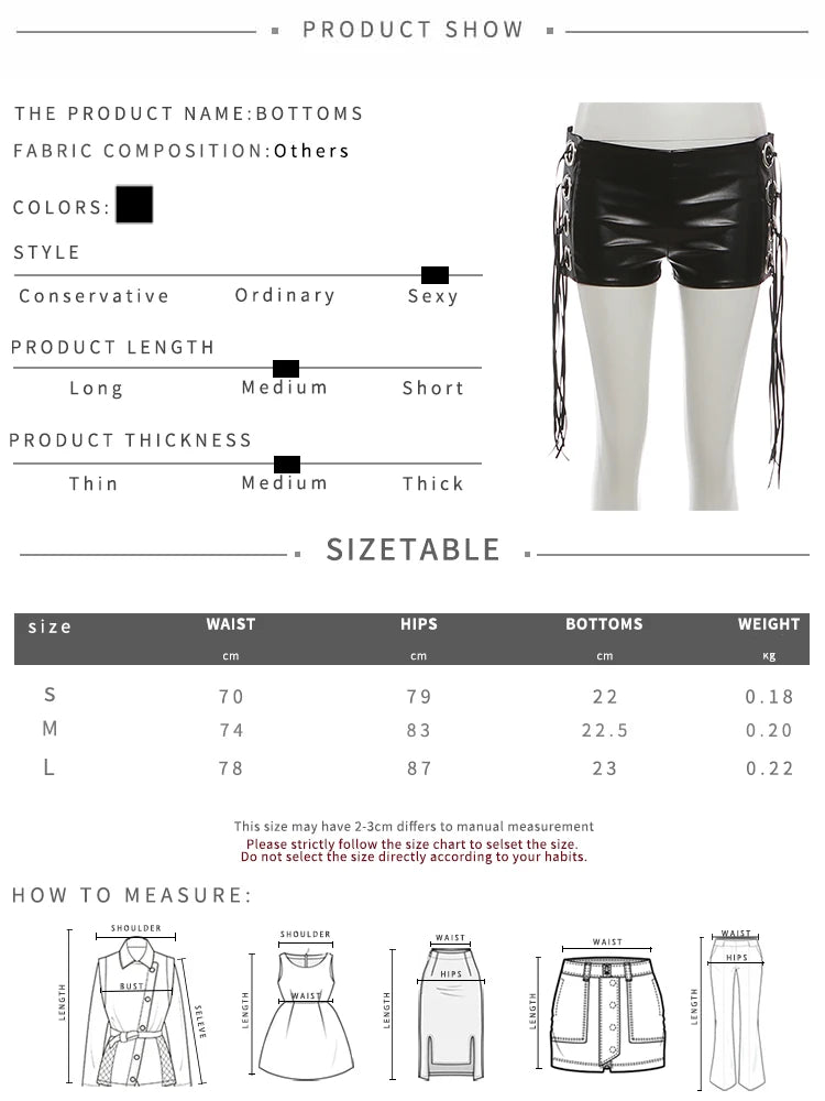 Faux Leather Metal Ring Hollow Short Women Bandage Tassels Elastic Waist Sexy Midnight Hottie Classic Streetwear