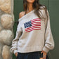 Off Shoulder American Flag Knit Sweater for Women Long Sleeve Oversized Fit Casual Streetwear Pullover for Fall Winter