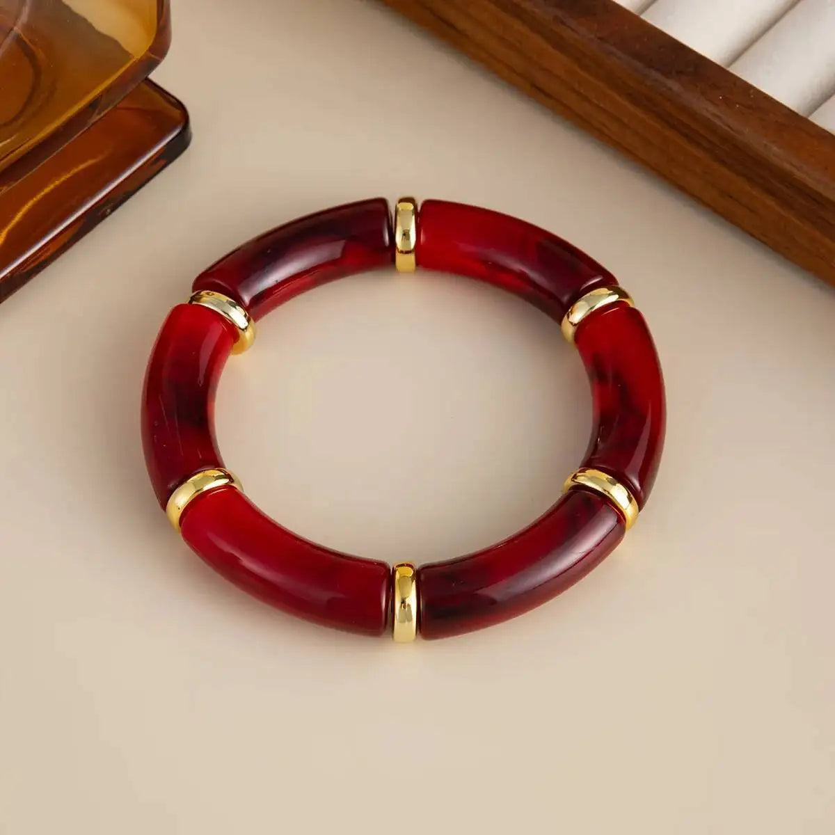 6 Style Vintage Red Resin Acrylic Bracelets for Women Punk Splice Metal Tube Beaded Handmade Bangles Aesthetics Jewelry