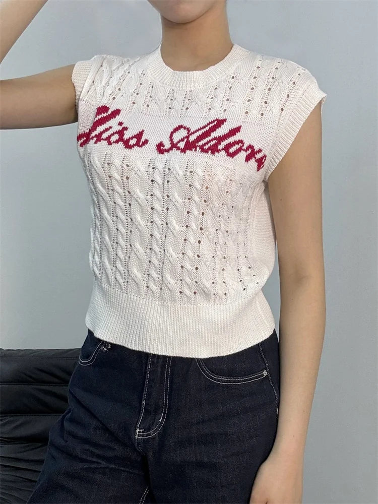 Casual Crochet Tank Tops Women Summer New Trend Letter Embroidery Street Fashion Versatile Y2K Style Simple Outfits