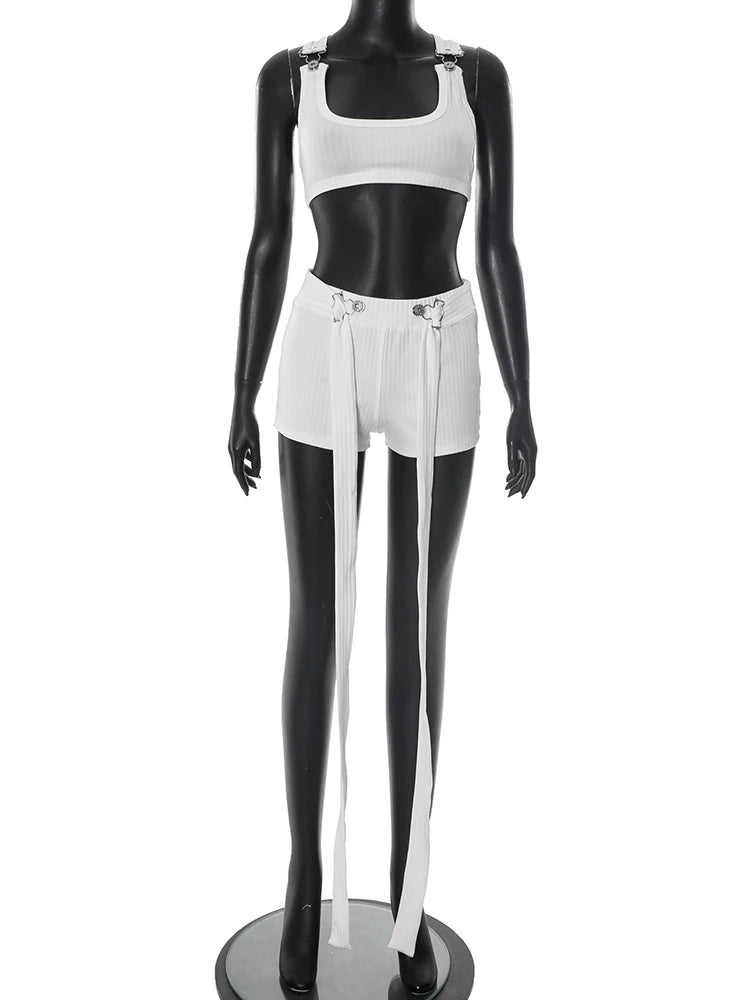 Metal Buckle Decoration 2 Piece Set Women Square Collar Tank Tops+Long Ribbon Shorts Hottie High Street Style Outfits