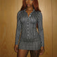 Women Vertical Stripe Two Piece Matching Set Lapel Button Long Sleeve Top And Bodycon Mini Skirt Slim Sexy Clubwear