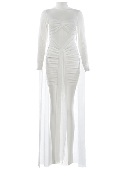 Turtleneck Ruched Elegant Long Dress Woman Mesh Patchwork Cape Full Sleeve Tassel Decoration Prom Party Gown Vestidos