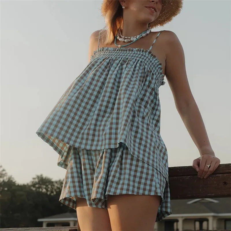Women Gingham Two Piece Set Sleeveless Babydoll Tank Top and Plaid Shorts Pajama Set Sleepwear Y2k Summer Outfits
