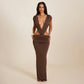 Deep V Neck Backless Ruched Maxi Dresses 2026 Woman Sexy Party Dress Brown