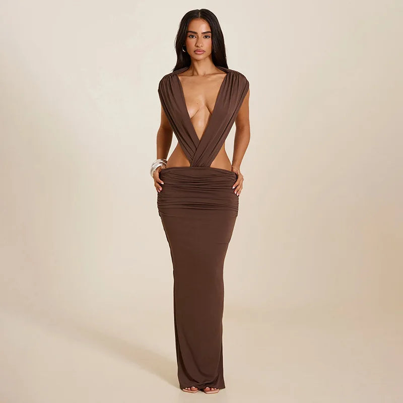 Deep V Neck Backless Ruched Maxi Dresses 2026 Woman Sexy Party Dress Brown