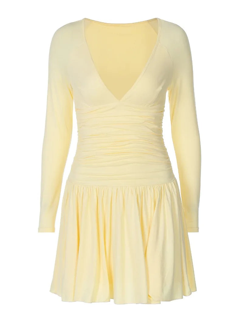 Deep V Neck Long Sleeve Dresses Sexy Outfits Women Fall 2025 Elegant Yellow Pleated Mini Dress
