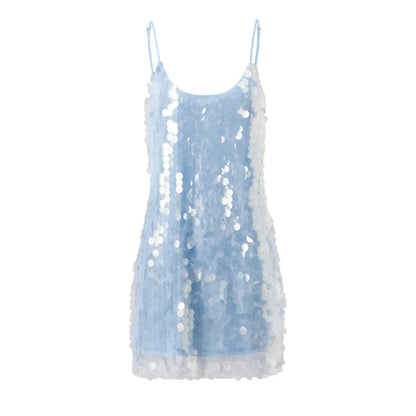 Minimalist Sequins Spaghetti Strap Mini Dress Women Sparkly U Neck Versatile Evening Wedding Guest Club Short Dress