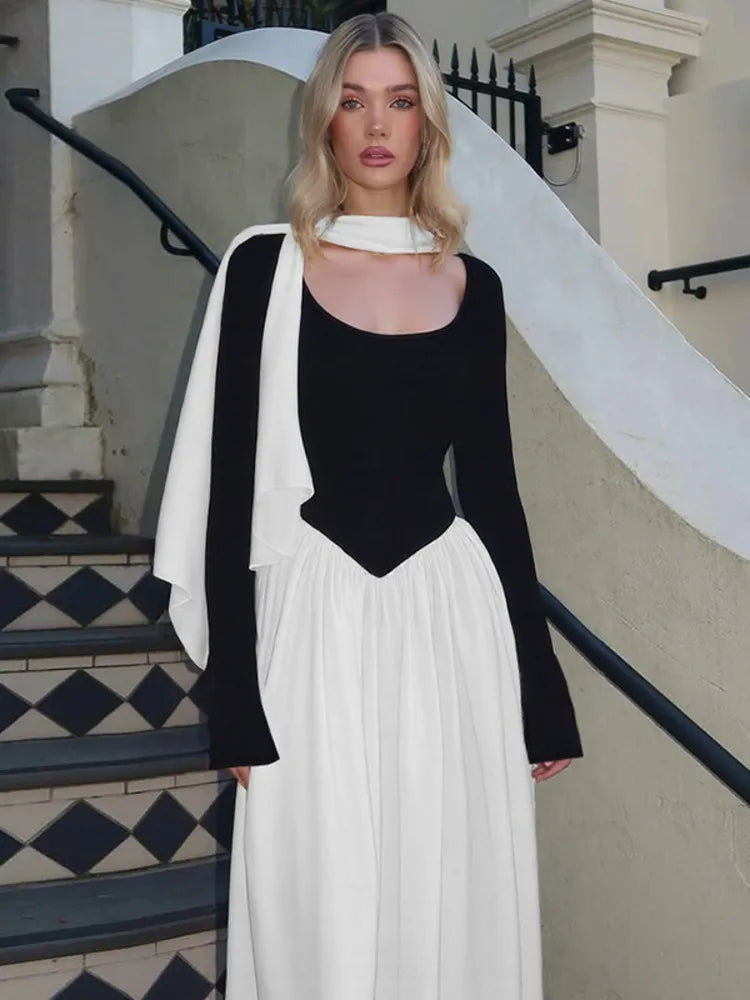Patchwork Long Sleeve Sexy Maxi Dress Women Fashion Autumn Winter Contrast Color O Neck Pleated Club Party Long Dresses