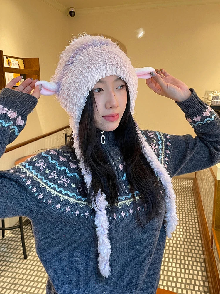 Y2K Sweet Macaron Goat Ear Pom Pom Beanie For Women