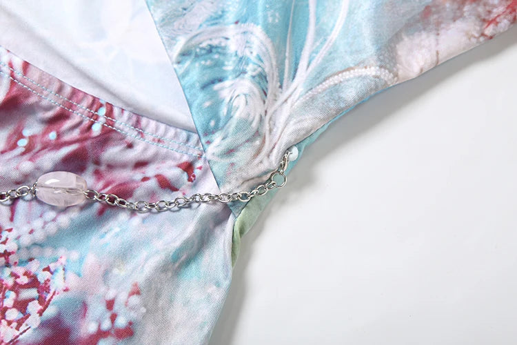 Beads Chain Halter Dress Women Fashion Print Sexy Hollow Off Shoulder Vacation Beach Style Ruched Elegant Outfits