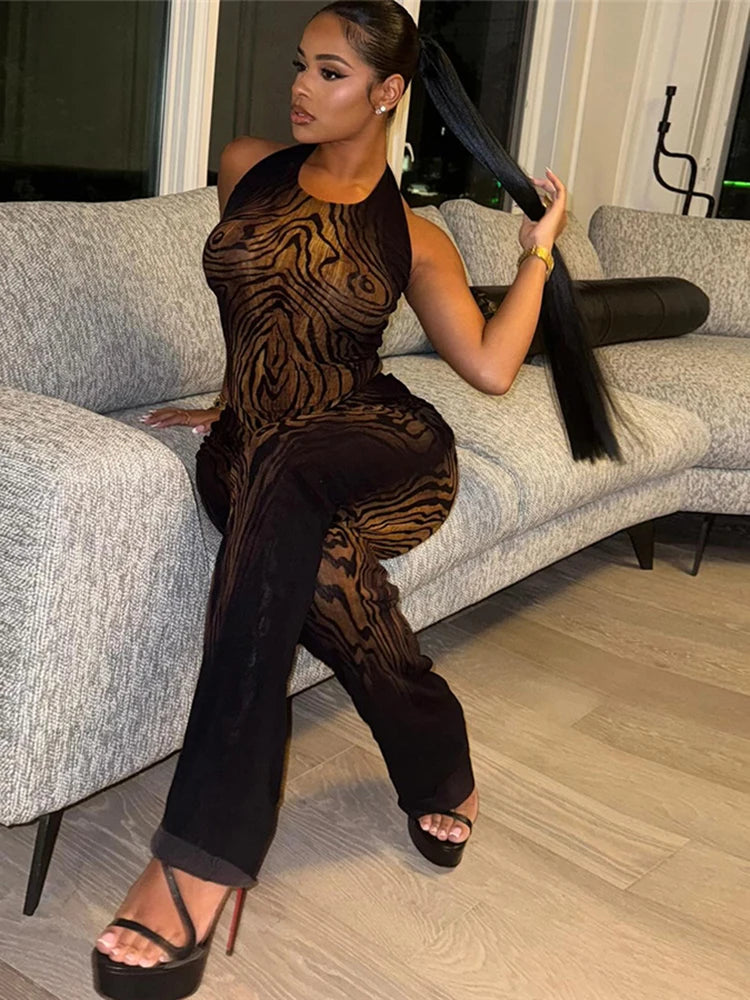 Stripe Print Women 2 Piece Set coquette See Through Hipster Full Sleeve Crop Tops+Straight Pants Matching Clubwear