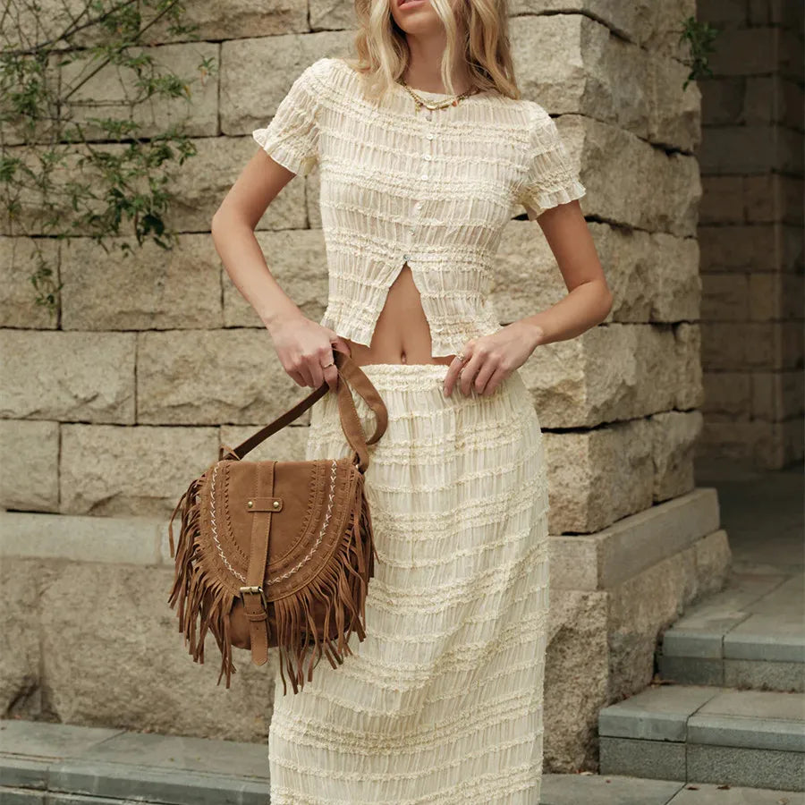 Flowy Two Piece Matching Skirt Sets for Women Clothing Short Sleeve Button Up Top Ruched Maxi Skirt Summer Beachwear