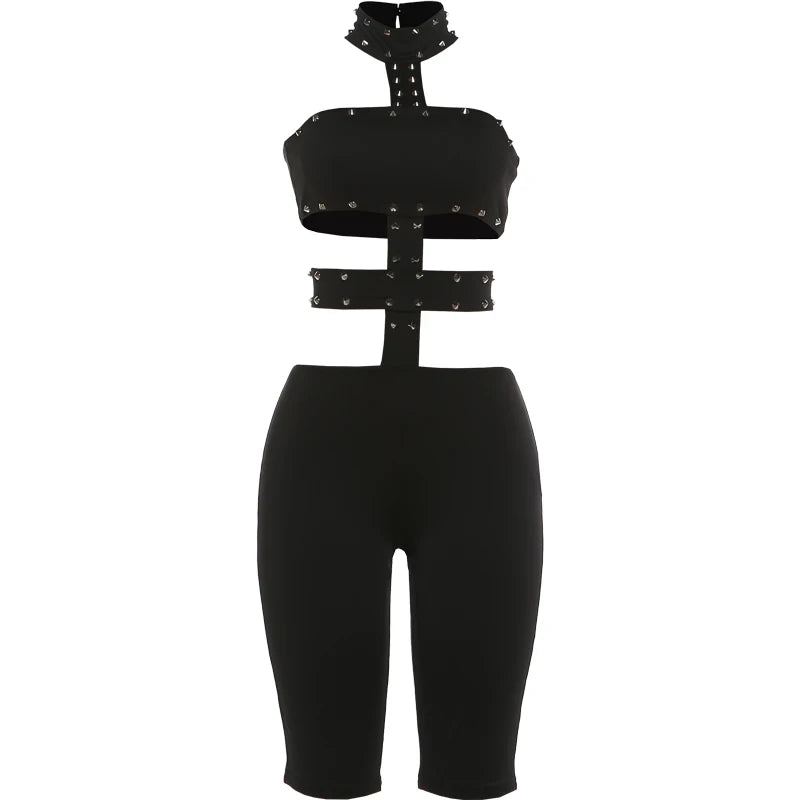 Rivet Halter Rompers Woman Sexy Hollow Sleeveless 2026 Summer Trend Sexy Skinny Stretch Clubwear Activity Playsuit