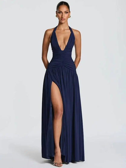 Women Halter Sexy Maxi Dress Deep V Neck Pleated Backless High Split Evening Party Dress Elegant Beach Long Dresses