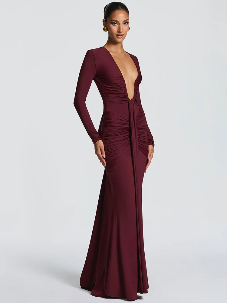 Deep V Neck Long Sleeve Sexy Maxi Dress Women Gown Spring Elegant Draped Ruched Bodycon Club Party Long Dresses Female