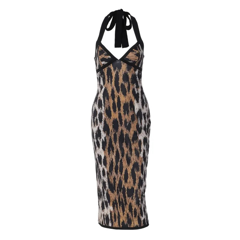 Sexy Leopard Print Long Dresses for Woman Sexy Cross Halter Backless Bodycon Dress Party Club Outfits