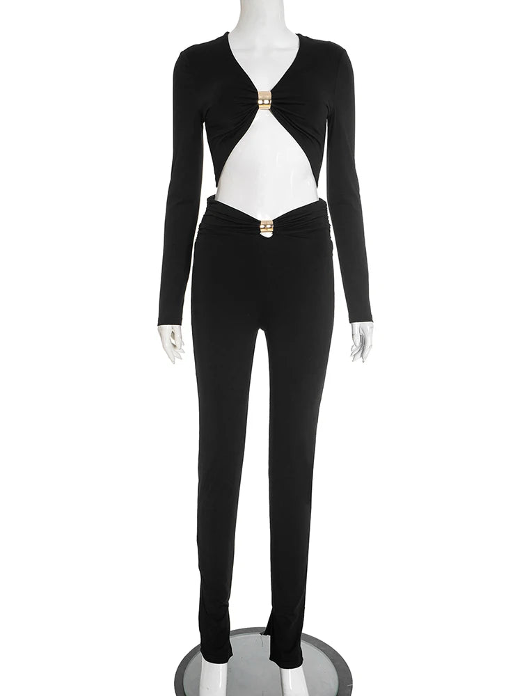 Autumn Ruched 2 Piece Set Women Metal Buckle Sexy V-Neck Full Sleeve Crop Tops+High waist Split Pant Basic Streetwear