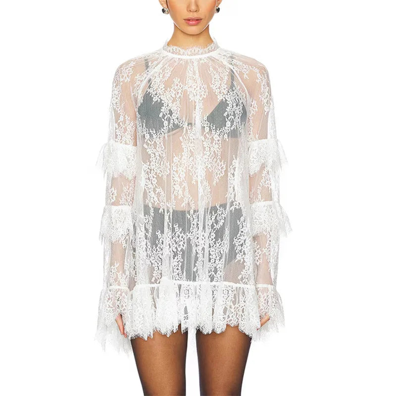 Women Lace Sheer Dress Sexy See Through Mesh Long Sleeve High Neck Floral Cover Up Cocktail Party Mini Dresses