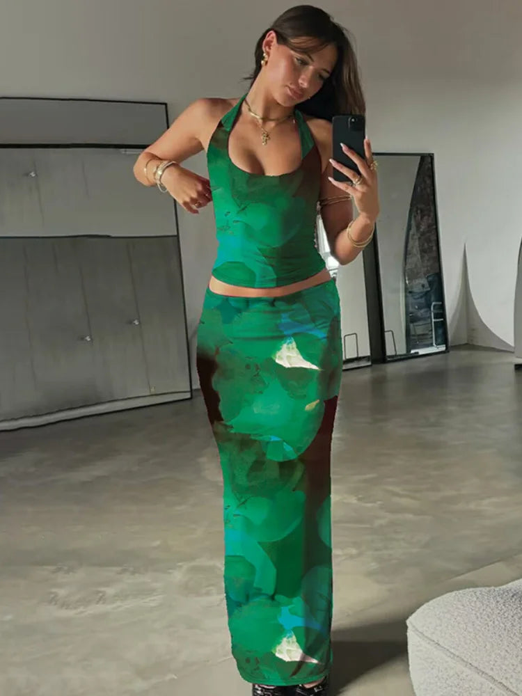 Flower Print Backless Halter Top and Maxi Skirt 2 Piece Set Elegant Sexy Summer Vacation Outfits Women
