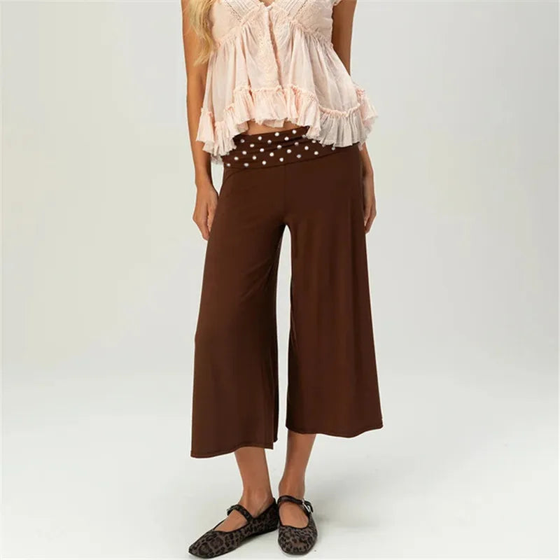 Fold Over Gaucho Pants for Women Flowy Wide Leg Yoga Capris Summer Casual Elastic Low Rise Cropped Palazzo Culottes