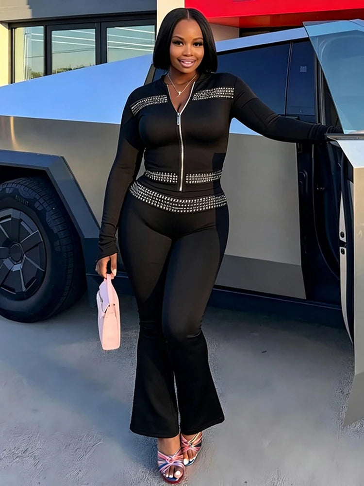 Sporty Style Rhinestone 2 Piece Set Woman Zip Stand Collar Cardigan Jacket+Elastic Waist Flare Pants Fashion Streetwear