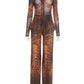See Through Leopard Print 2 Piece Set Women Sexy Button Tight Blous+Flared Pants Matching Street Club Stretch Outfits