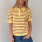 Women Summer Striped Knit Top Short Sleeve Button Casual Knitted T Shirt Vintage Contrast Stripe Basic Pullover