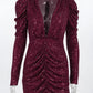 Sparkle Deep V Neck Ruched Sexy Mini Dress Women Gown Fashion Glitter Long Sleeve High Waist Club Party Dress Female
