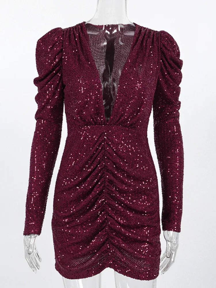 Sparkle Deep V Neck Ruched Sexy Mini Dress Women Gown Fashion Glitter Long Sleeve High Waist Club Party Dress Female