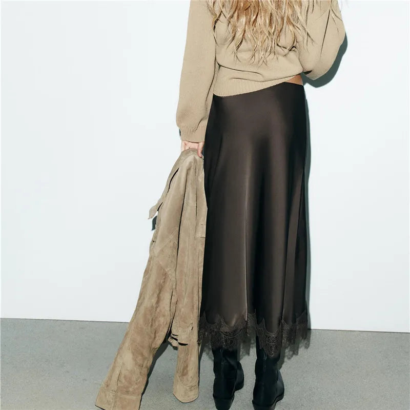 Elegant Lady Elastic Waist Silky Lace Trim Midi Skirt Women Satin Lace Long Skirt Y2k Half Slip Maxi Skirts Under Dress