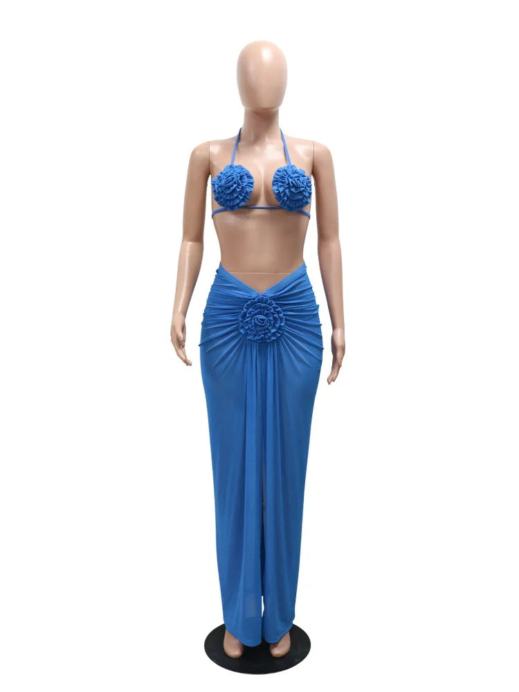 Beach Style Sexy 3 Piece Set Women Lace-Up Halter Pleats Flower Bra+Briefs+See Through Skirts Fashion Bikini Suit