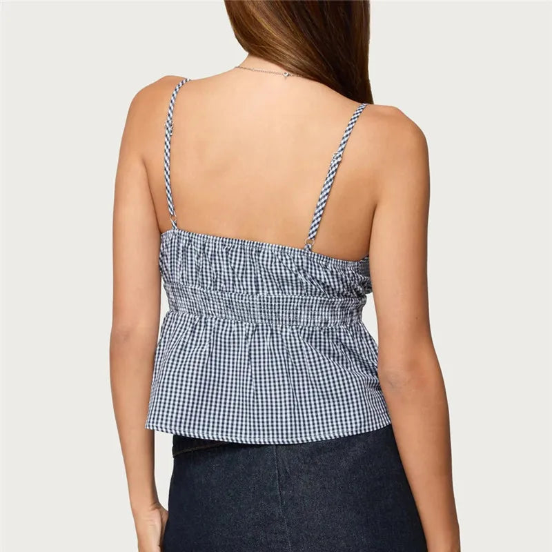 Summer Gingham Cami Top for Women Sexy Tie Front Ruffle Hem Sleeveless Peplum Blouse Casual Spaghetti Strap Top