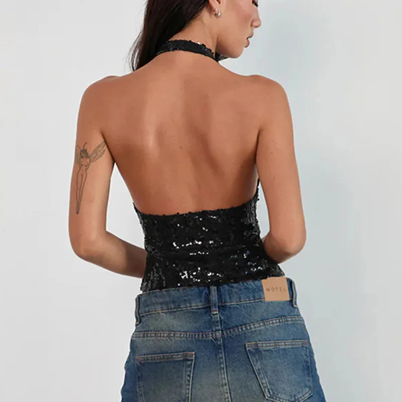 Women’s Sequin Halter Tank Tops Summer Solid Color Slim Fit Deep V Neck Backless Sleeveless Vest Y2K Streetwear