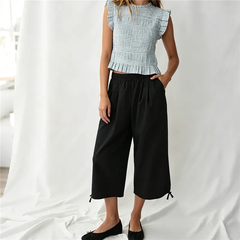 Casual Loose Wide Leg Capri Trousers Elastic Waistband Side Pockets Adjustable Drawstring Hem Baggy Cropped Culottes