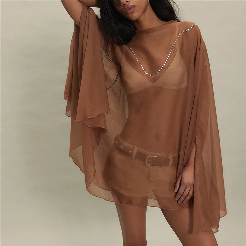 Women Sheer Chiffon Poncho Blouse Rhinestone Beaded Wide Flare Sleeve Loose Oversized Mesh Tunic Beach Cover Up Tops