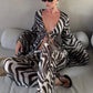 Stripe Patchwork 2 Piece Set Woman Lace-Up Open Collar Full Sleeve Oversize Style Tops+Drawstring Long Pants Outfits