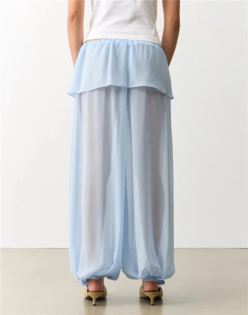Women Y2K Layered Ruffle Skirt Waist Chiffon Pants Sheer Loose Harem Trousers Drawstring Hem Beach Cover Up Pants