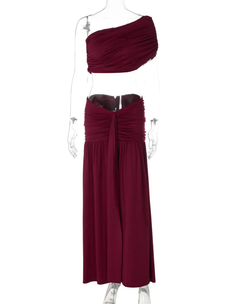 Women 2 Piece Set Elegant Strapless Crop Top And High Waist Split Maxi Skirt Sets Female Ruched Beach Club Party Sets